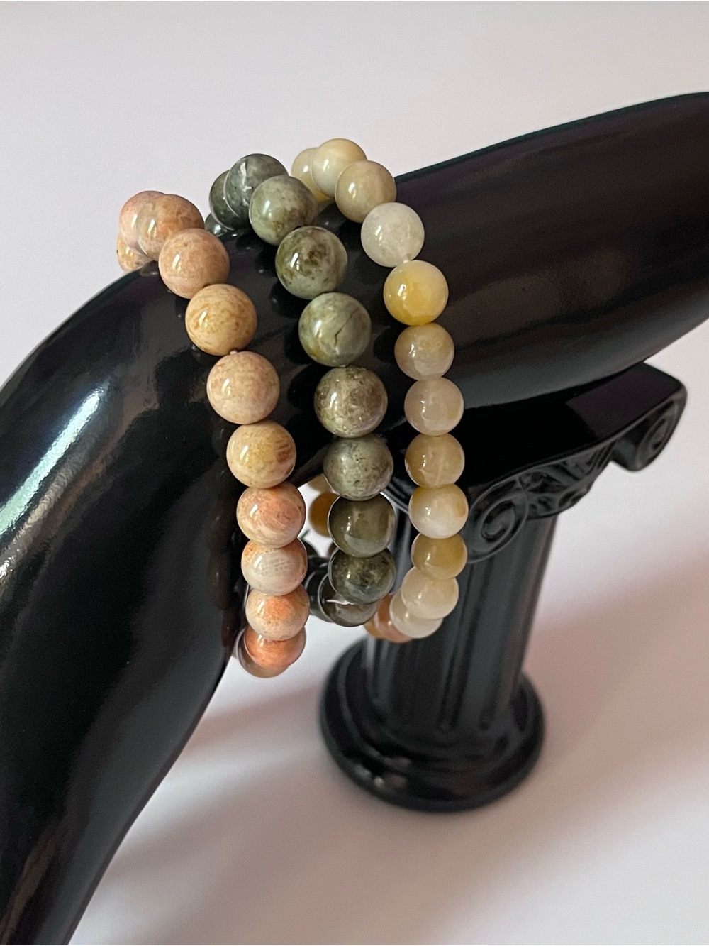 New Natural 3pc Crystal Beaded Stretch Bracelet Stack Set Tsavorite Jade Agate